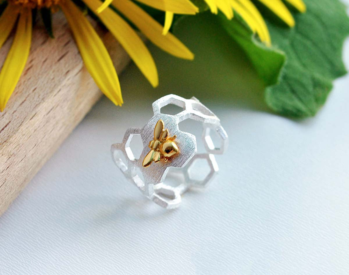 Justerbar 18k Guld Plated Honeycomb Ring