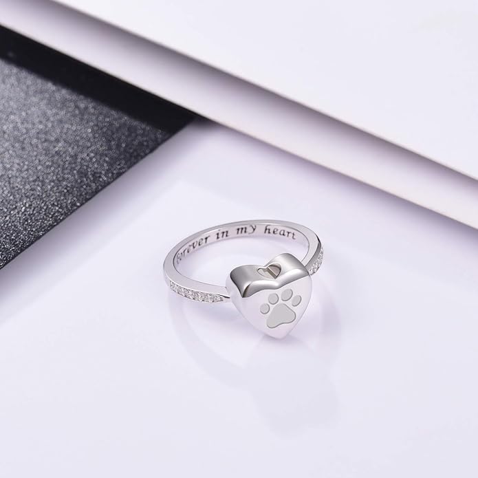 Love Hjärta Tass Print Urn Ring Pet Memorial Cremation Jewelry