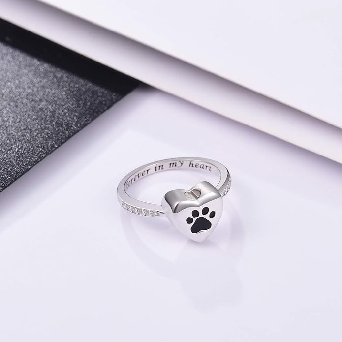Love Hjärta Tass Print Urn Ring Pet Memorial Cremation Jewelry