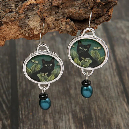 Vintage Tropisk Black Katt Dangle Örhängen