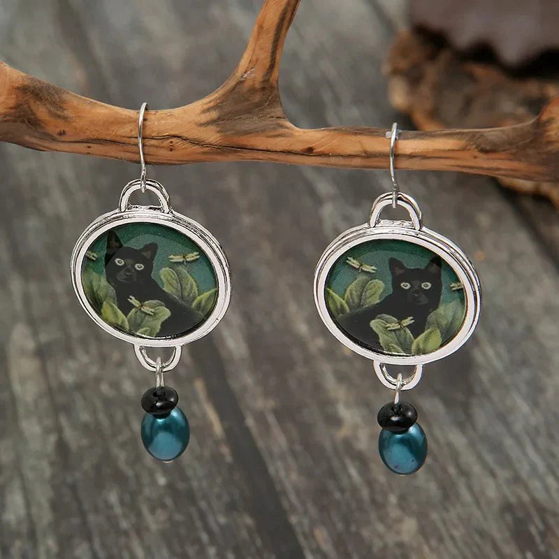 Vintage Tropisk Black Katt Dangle Örhängen