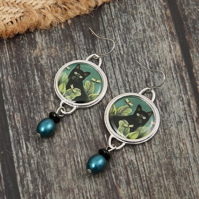 Vintage Tropisk Black Katt Dangle Örhängen