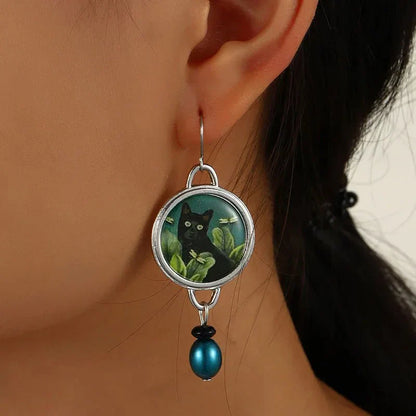 Vintage Tropisk Black Katt Dangle Örhängen