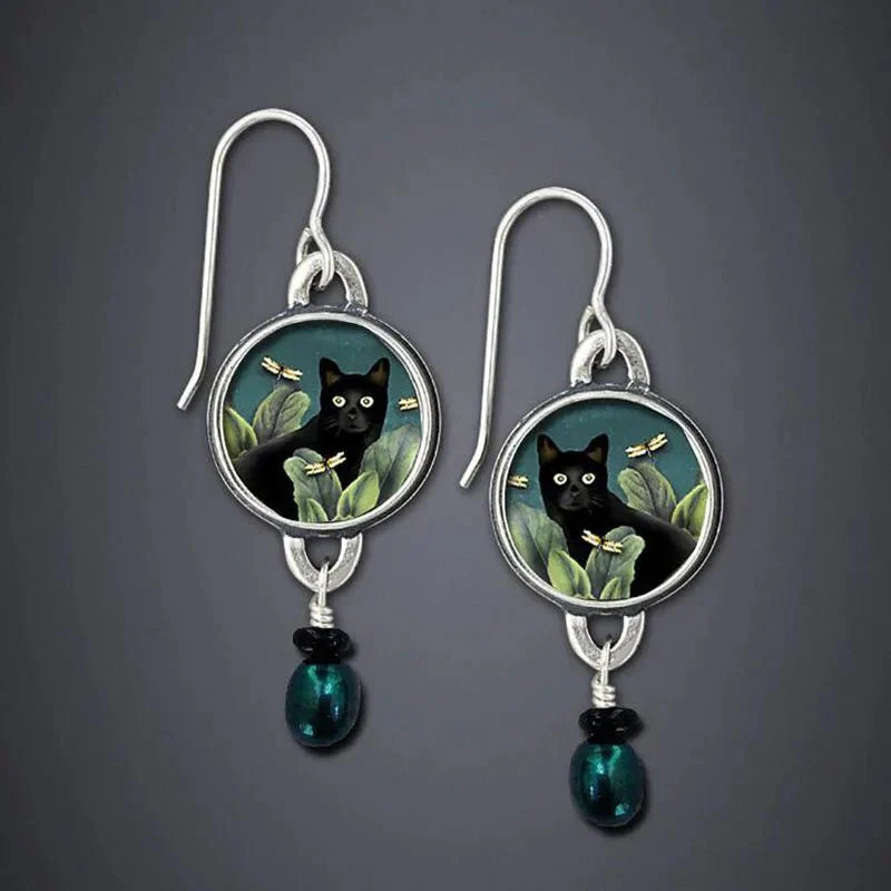 Vintage Tropisk Black Katt Dangle Örhängen