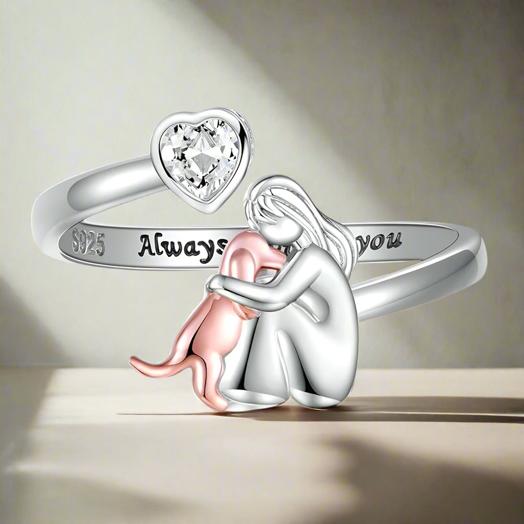 Hundering Aus 925er Silber Verstellbarer Ring Mit Madchen Hund Figur