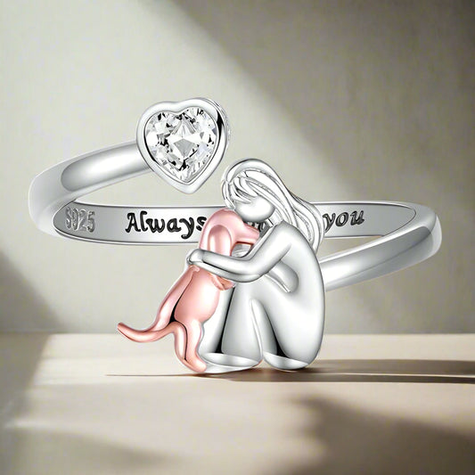 Hundering Aus 925er Silber Verstellbarer Ring Mit Madchen Hund Figur